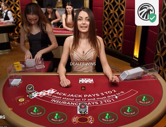Screenshot of Live Blackjack showing cards, bets, a Blackjack Table and a Live Dealer.