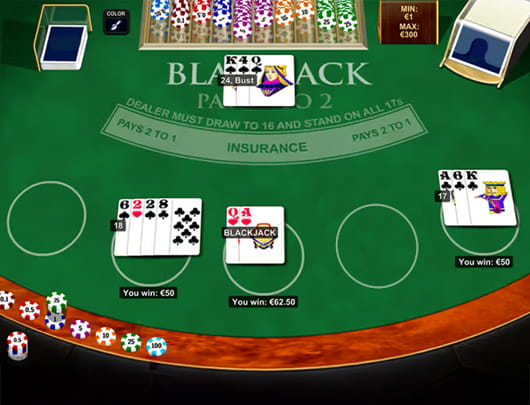 Screenshot of an online blackjack game showing cards and bets.