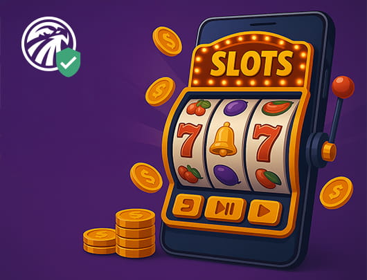 illustration of a mobile online slot machine with gold coins, bright slot symbols.